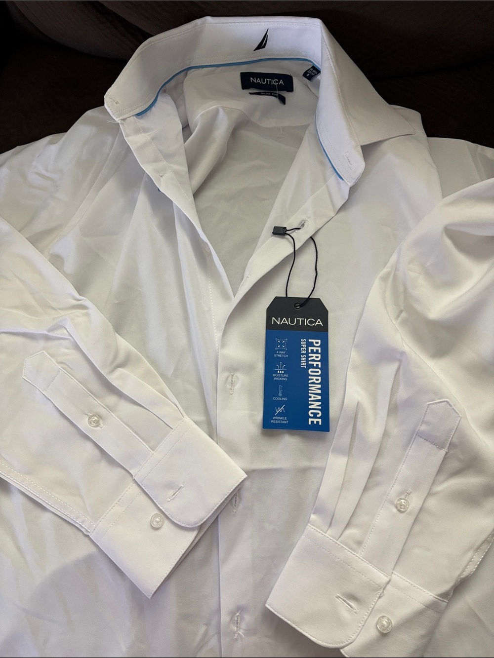 Nautica Men’s White Performance Dress Shirt with Light Blue Trim